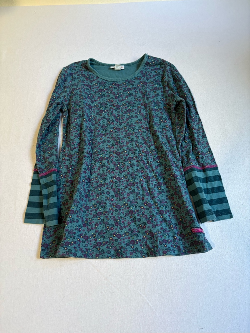 naartjie Teal Floral Long Sleeve Top with Striped Cuffs